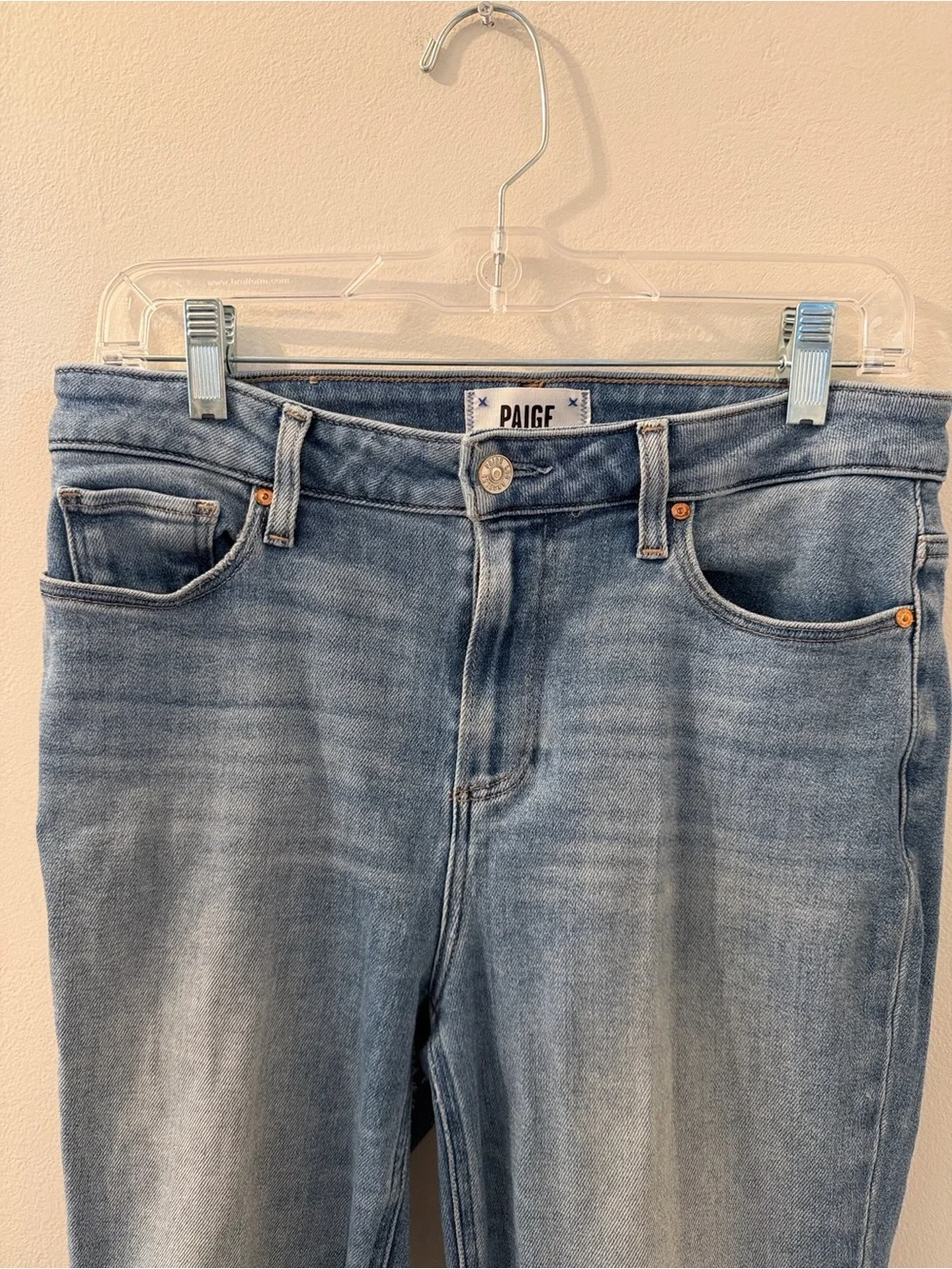 PAIGE Faded Light Blue Straight Leg Jeans with Raw Hem - Picture 5 of 8